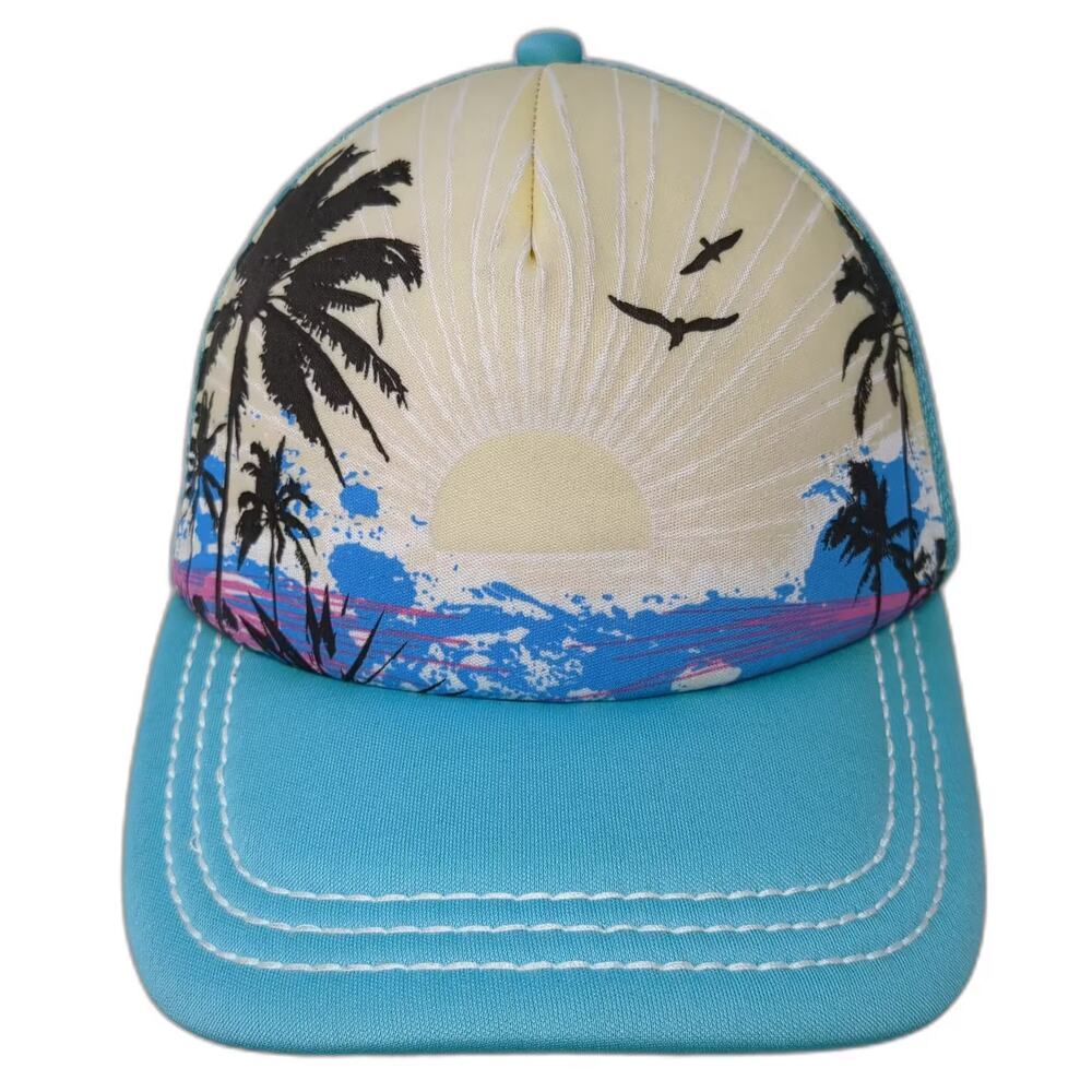 Del Sol Blue Trucker Hat One Size Beach Sunset Palm Tree Mesh Snapback Graphic